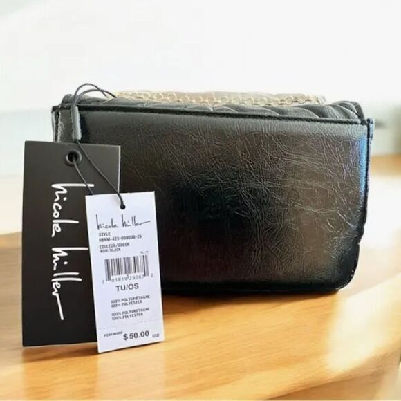 NWT Nicole Miller Black Vegan Leather Quilted Small Handbag Crossbody Gold Chain - Picture 2 of 7